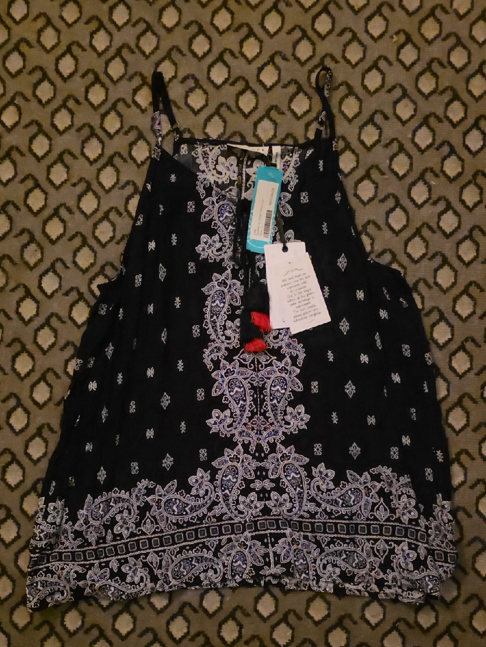 lug Black Paisley-Print Spaghetti Strap Camisole with Tassels